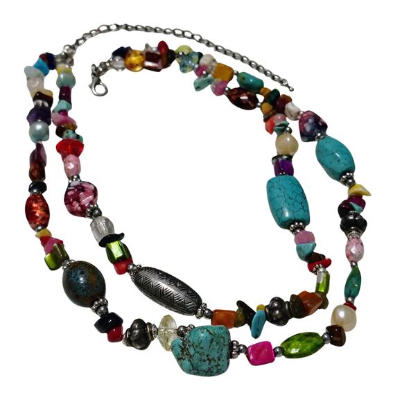 Bohemian Turquoise Rose Quartz Mix Semi-Precious Stones Double Strand Necklace - Picture 6 of 8